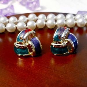Vintage Gold Tone Tri Color Studded Enamel Knotted Earrings in EUC